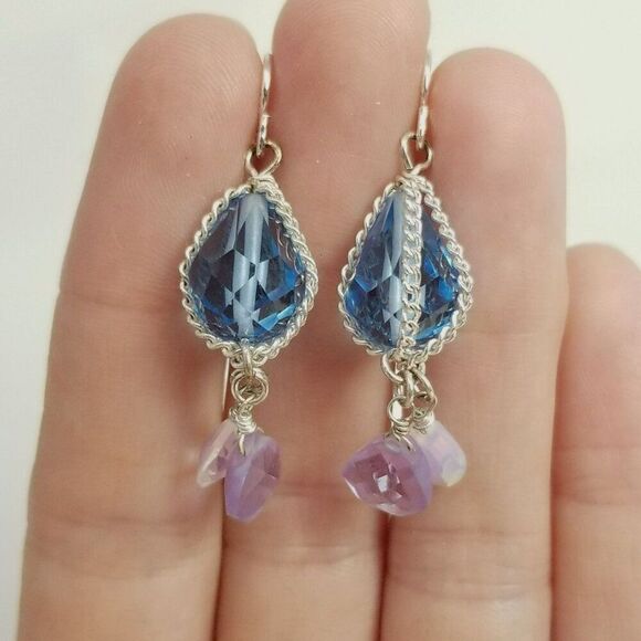 Vintage Blue Beaded Dangle Earrings, Silver Tone Setting, Tiny Hooks, Estate - Picture 1 of 6